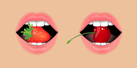 Beautiful female naturalistic nude lips, without makeup, on beige skin background, holding strawberry and cherry berry. Set of vector illustrations