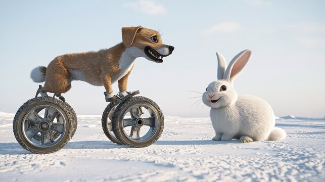 born without front legs using custom wheels, looking up at a smiling bunny, both characters joyful, white background, clean detailed drawing dog without legs wheels bunny friend pet animal white 