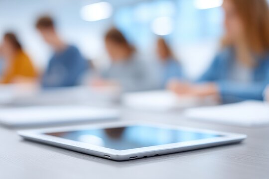 minimalist classroom with modern educational technology in focus featuring tablets or smartboard