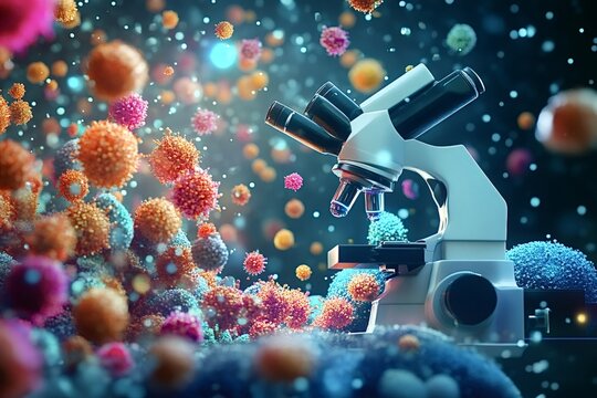 Modern microscope is analyzing colorful viruses and bacteria, representing a crucial step in medical research for diagnosing and combating infectious diseases
