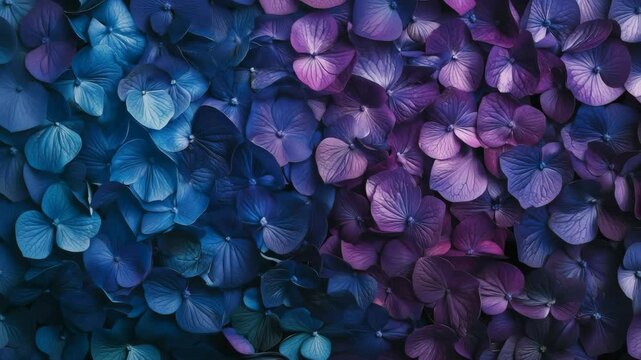 青から紫へグラデーションする紫陽花の花びらのアップ