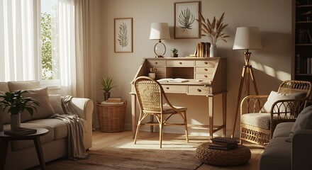 Fototapeta premium Cozy Living Room with Wooden Desk and Rattan Furniture