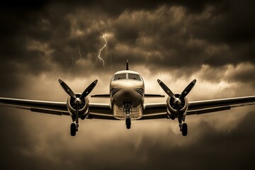 Fototapeta premium Vintage Aircraft in Dramatic Sky with Lightning and Dark Clouds