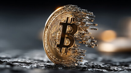 Golden Bitcoin symbol floats against a dark background, symbolizing digital wealth, decentralized power, and the futuristic allure of cryptocurrency in a mysterious and evolving financial world.

