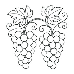 Black and white grape cluster with vine leaves – botanical vector illustration in minimalist line art style, perfect for coloring books and decor, Adobe Illustrator Artwork