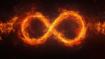 Fiery infinity symbol, burning flames, dark background, abstract concept art