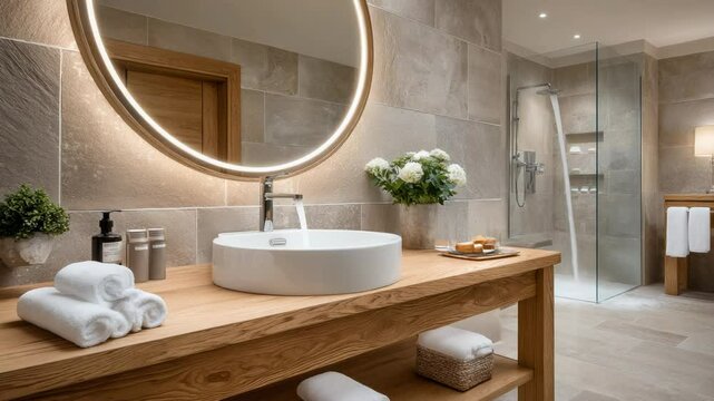 Luxury bathroom interior featuring modern sink, illuminated round mirror, walk-in shower, and neutral stone tiles creating spa atmosphere