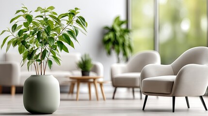 Fototapeta premium Scandinavian interior design featuring a stylish chair amidst greenery in a bright living space ideal for showcasing products or text