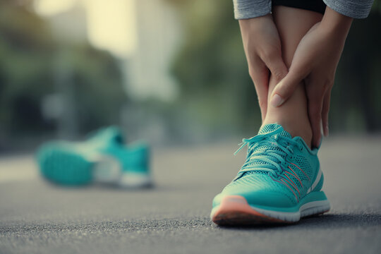 Close-up of woman's ankle and teal running shoe, hands gently holding injured area, showcasing pain or injury during workout, suggesting need for recovery or sports medicine