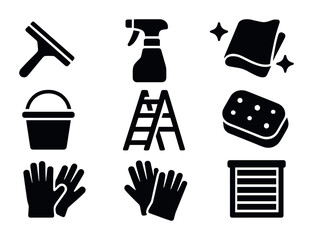 Obraz premium House cleaning tools icon set – solid style for neat and tidy spaces: squeegee, spray bottle, cleaning cloth, bucket, ladder, sponge, gloves, blinds
