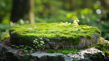 Moss covered tree stump in a lush green forest. Stone podium decorated with green moss and surrounded with tree and peaceful forest. Peaceful and natural scene with sunlight. Background. AIG53.