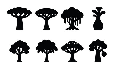 Exotic tree silhouette icon set - flat style nature and plant symbols for botany projects: baobab, dragon tree, willow, palm, maple, pine, olive, bonsai.