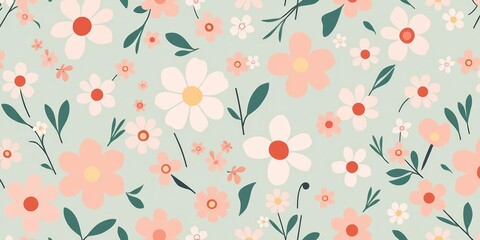 Pastel Scandinavian floral seamless pattern with simple geometric flower elements , textile, fabric