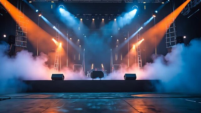 A vibrant concert stage with dramatic lighting, smoke effects, and a set of speakers, ready for a live performance.

