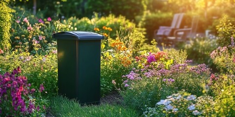 A dark-green trash bin surrounded by colorful flowers under sunlight.