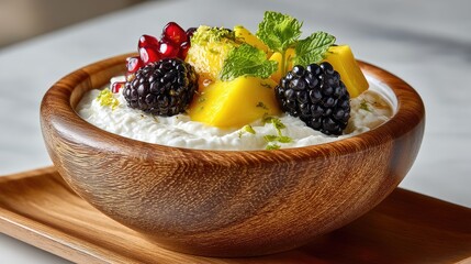 Bright bowl of Greek yogurt adorned with fresh mango, blackberries, pomegranate seeds, and mint leaves on a wooden surface