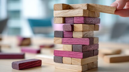Hands adding wooden blocks in red and purple to a tower on an office table, symbolizing business growth and strategy