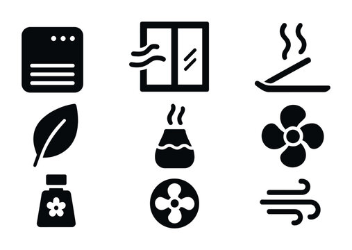 Home air quality icon set – filled style indoor environment, ventilation, and purification symbols for healthy living: air vent, window, incense, leaf, air diffuser, fan, breeze.