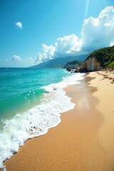 Obraz premium Panoramic view of scenic beach with calm waves and sunny sky, peaceful coastal scene, beach, waves, coastal
