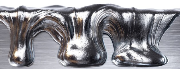 A sleek silver liquid flows and drips from a metallic surface against a clean white background, showcasing intricate details and textures