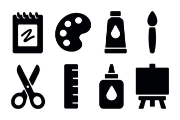 Art tools solid icon set – flat style design and craft supplies for diy projects: paintbrush, palette, glue, scissors, canvas, paint tube, notebook, ruler.