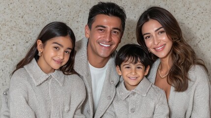 Fototapeta premium Family of four relaxes on a comfortable sofa, sharing smiles and happiness in a warm and inviting living room setup