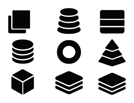 Data and database solid icon set &ndash; filled style technology, storage, and network symbols for digital solutions: server, stack, array, tier, disk, cube, layer, node.
