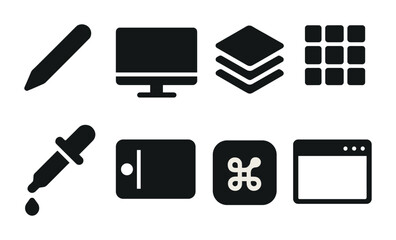 Graphic design tools solid icons set &ndash; silhouette style for creative software, digital art interface, and toolkit symbols: pen, monitor, layers, grid, dropper, tablet