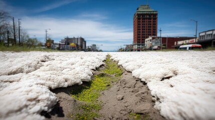 Urban Beach with White Foam and Green Moss,