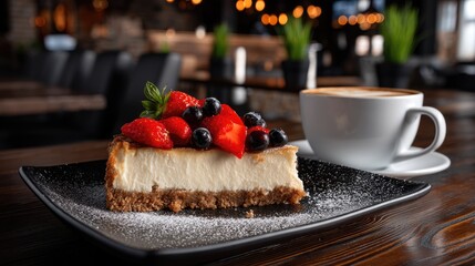Creamy cheesecake with fresh berries sits elegantly on a plate in a warm, inviting cafe ambiance, perfect for dessert lovers