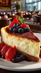 Creamy cheesecake with fresh berries sits elegantly on a plate in a warm, inviting cafe ambiance, perfect for dessert lovers