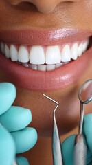 Bright smile features perfect teeth and glossy lips while dental tools are held to emphasize periodontal health in a detailed display