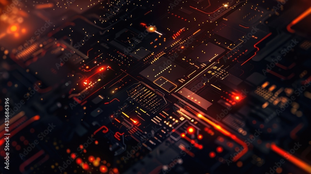 Poster glowing orange circuit board with detailed lines and patterns on a dark background. digital art for 
