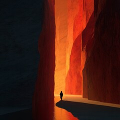 Silhouette of a lone figure walking through a narrow canyon with red and orange walls, lit by warm sunlight reflecting on a small stream.