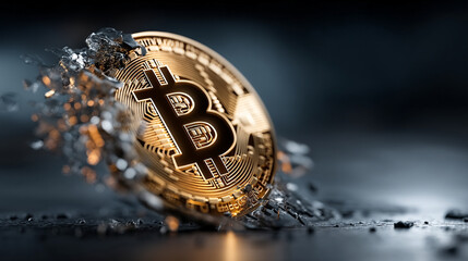 Golden Bitcoin symbol floats against a dark background, symbolizing digital wealth, decentralized power, and the futuristic allure of cryptocurrency in a mysterious and evolving financial world.

