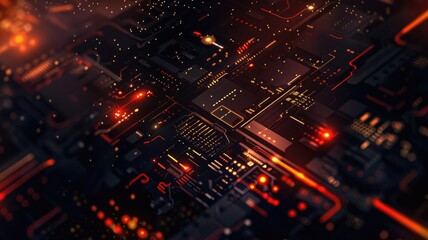 Fototapeta premium Glowing orange circuit board with detailed lines and patterns on a dark background. Digital art for design. Abstract image of wireframe or motherboard with glowing color with electronic parts. AIG53.