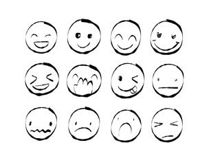 Set of hand drawn emoji faces expressing a range of emotions like joy, sadness, anger, and love. Design elements for messaging apps, social media content and fun communication