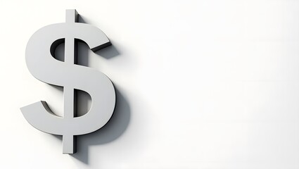 Obraz premium A gray dollar sign casting a shadow against a white background with ample empty white space to the right