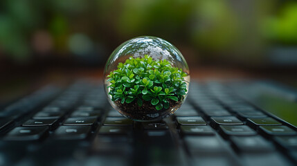 Green countries on a transparent glass globe rest over a blurred laptop keyboard displaying financial graphs, symbolizing global business, sustainable investment, and eco-conscious finance.

