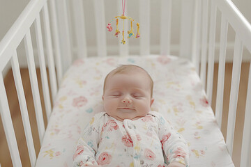 Baby sleeps peacefully in a crib under a gently swaying mobile during a serene afternoon
