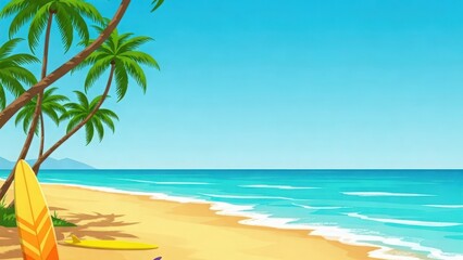 Summer Wallpaper 4K HD High Quality Summer Background Pictures – Tropical Beach with Palm Trees and Surfboards