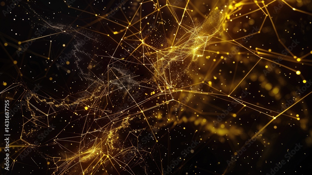 Poster abstract picture of golden particle with sparkle atom style design connect and flow show energy dyna