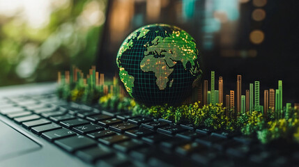 Green countries on a transparent glass globe rest over a blurred laptop keyboard displaying financial graphs, symbolizing global business, sustainable investment, and eco-conscious finance.

