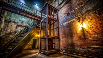Long Exposure Photo of a Vintage Dumbwaiter Ascending in a Dark Shaft
