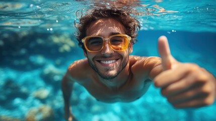 An underwater portrait of a happy man giving a thumbs up in a swimming pool, symbolizing summer fun and relaxation