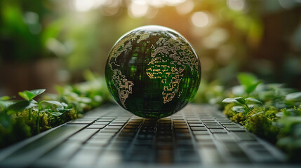 Green countries on a transparent glass globe rest over a blurred laptop keyboard displaying financial graphs, symbolizing global business, sustainable investment, and eco-conscious finance.

