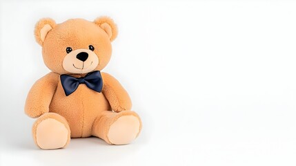 Obraz premium A plush brown teddy bear wearing a blue bow tie sitting on a white background