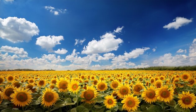 yellow flowers sunflowers on field on background blue sky with white clouds