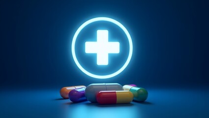 Glowing plus sign over colorful pills on a blue surface representing medical and health concepts