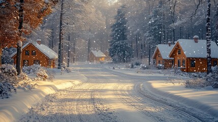 Obraz premium Winter Wonderland: Snow-Covered Cabins in a Magical Forest